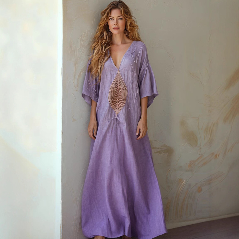 Cross-Border Amazon European and American Kaftan Long Dress 3D Digital Print V-Neck Coat with Five-Quarter Sleeves and Long Patch Pockets