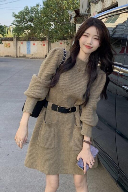 Thickened Petite Autumn and Winter Waist-Cinching Sweater Chic Internet-Famous Knitted Dress Korean Style Popular Skirt Base Layer