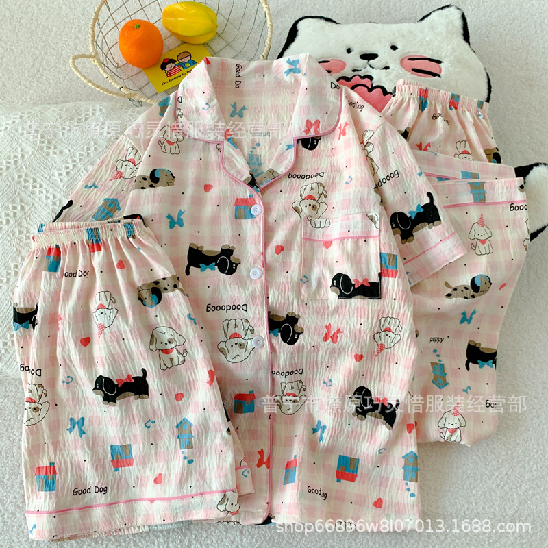 Pajamas de tres piezas de torta de oso para mujeres de verano, pantalones de manga corta, nubes de algodón adorable, viento en 2025 nueva ropa para el hogar
