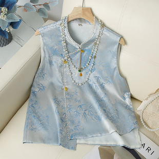 New Chinese Style Sleeveless Vest for Young Mothers, Vintage Round Neck, Plate Button Brocade Jacquard Waistcoat