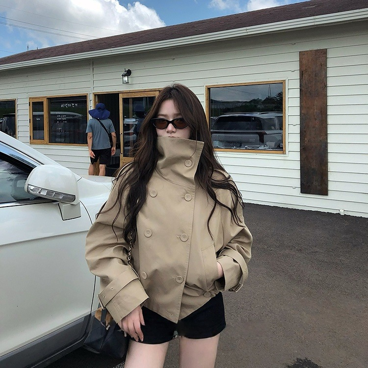 Khaki Stand Collar Short Windbreaker for Women 2025 New Spring & Fall Small High-End Double-Breasted British Style Jacket