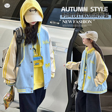 女童插肩拼色棒球服外套连帽卫衣套装2025秋新款牛仔弯刀裤三件套