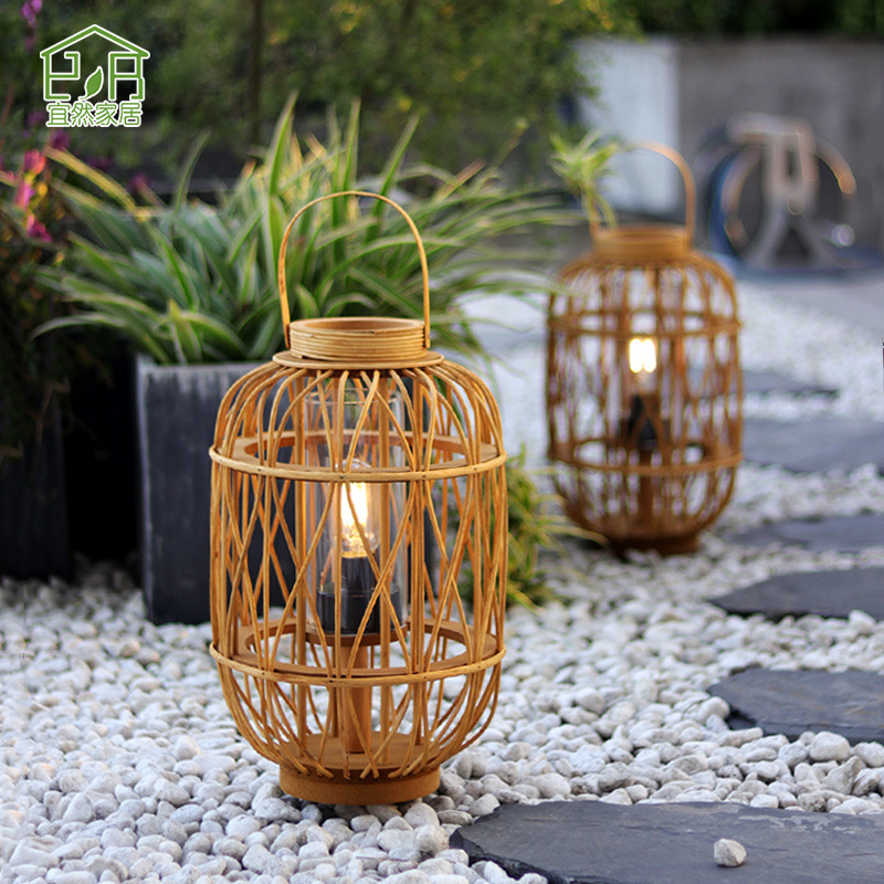 Transfronterizos personalizados retro linterna de caña de viento trenzada a mano sombra de lámpara solar decoración navideña vela de viento