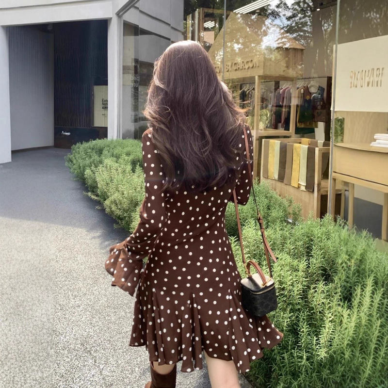 Early Autumn New Style Brown Polka Dot French Petite Slimming Look Classy Gentle Trumpet Long-Sleeved Dress for Women
