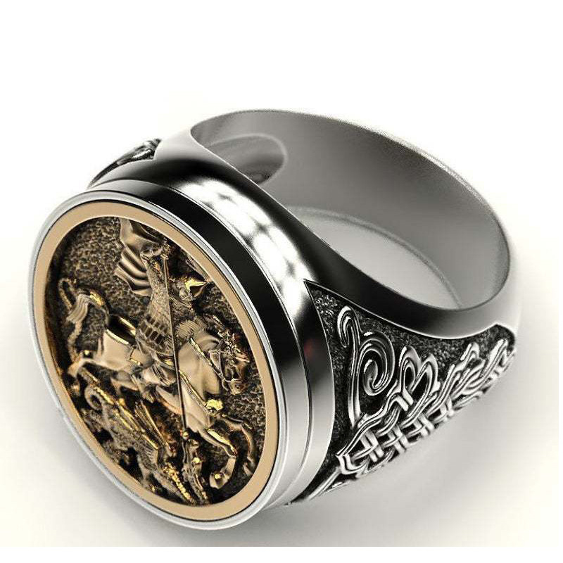 Anello uomo san giorgio ritratto drago design bicolore_voghion.com