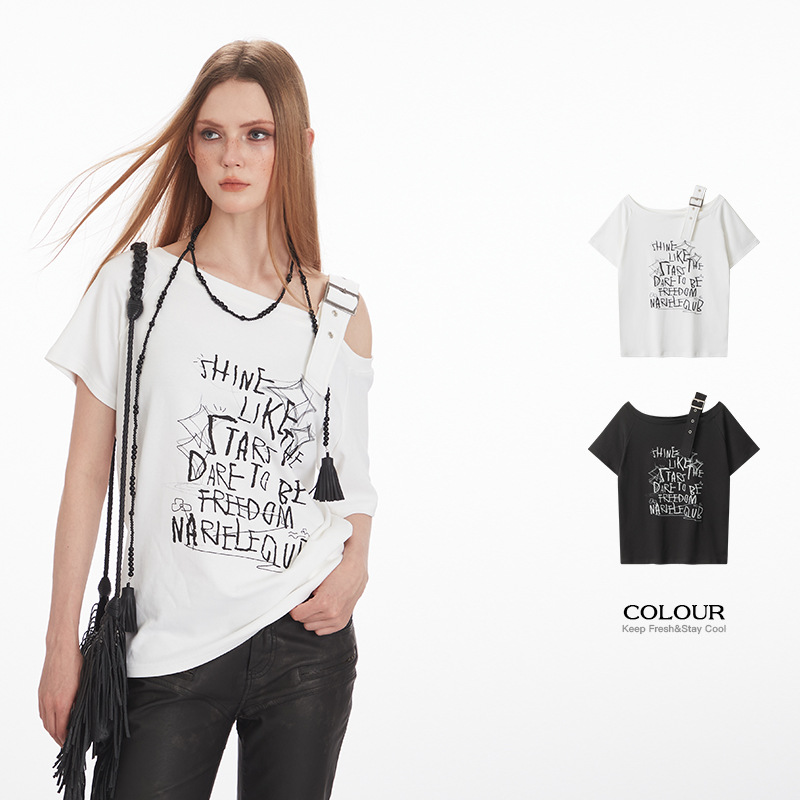 HeyHenry European and American style off-shoulder versatile short-sleeved t-shirt for women, summer with sexy design and exposed shoulder straps.