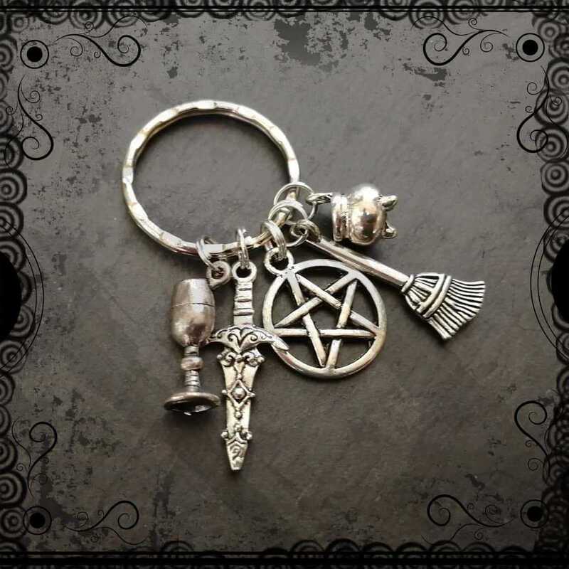 Gothic Wiccan Tools Keychain Set Includes Broom Crucible Dagger Cup and Pentacle Design Keyring