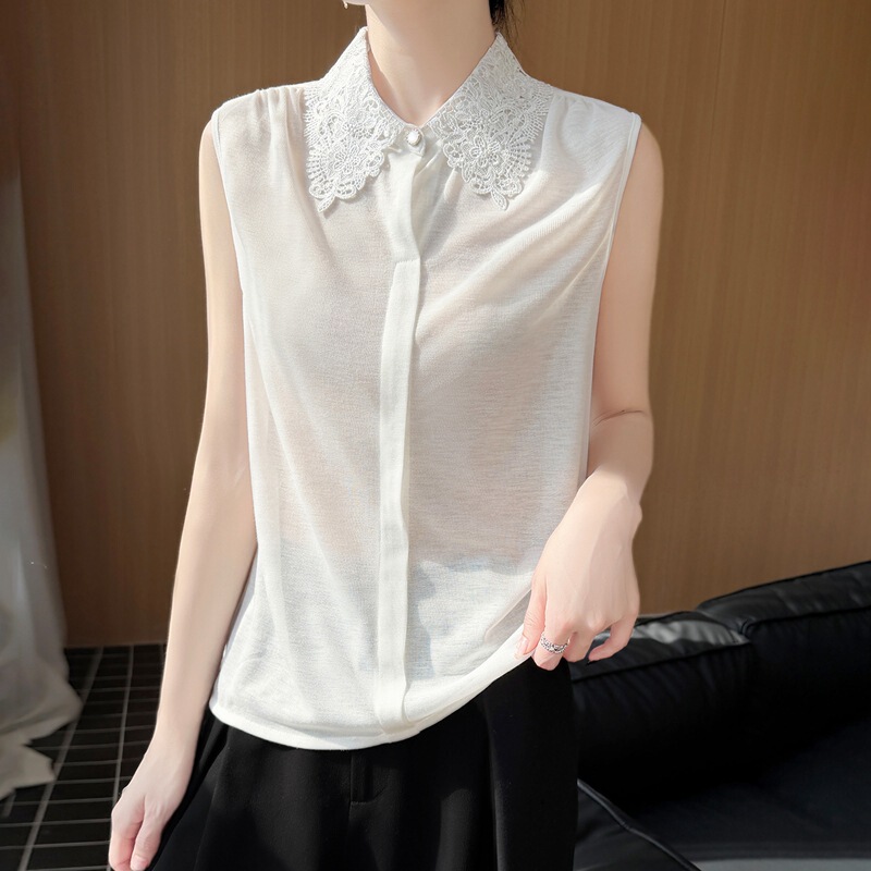 Lace Collar Sleeveless Knit Top for Women, New Summer French Style Slimming Versatile Shirt Vest, Plus Size