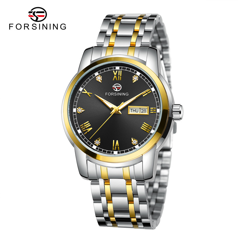 Forsining Fusini 8221 correa de acero reloj casual para hombres reloj mecánico automático calendario semana reloj