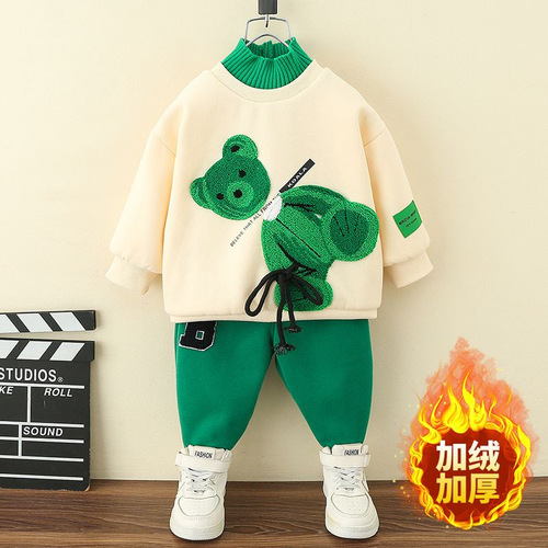 Boys and girls, young and middle-aged children, Western style cartoon sweatshirts and sweatpants two-piece set  autumn and winter new style velvet tops and trousers trendy
