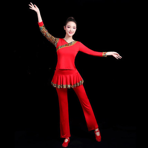 Spring and summer square dance clothing new suit Tibetan dance long-sleeved culottes Latin dance middle-aged and elderly performance clothing