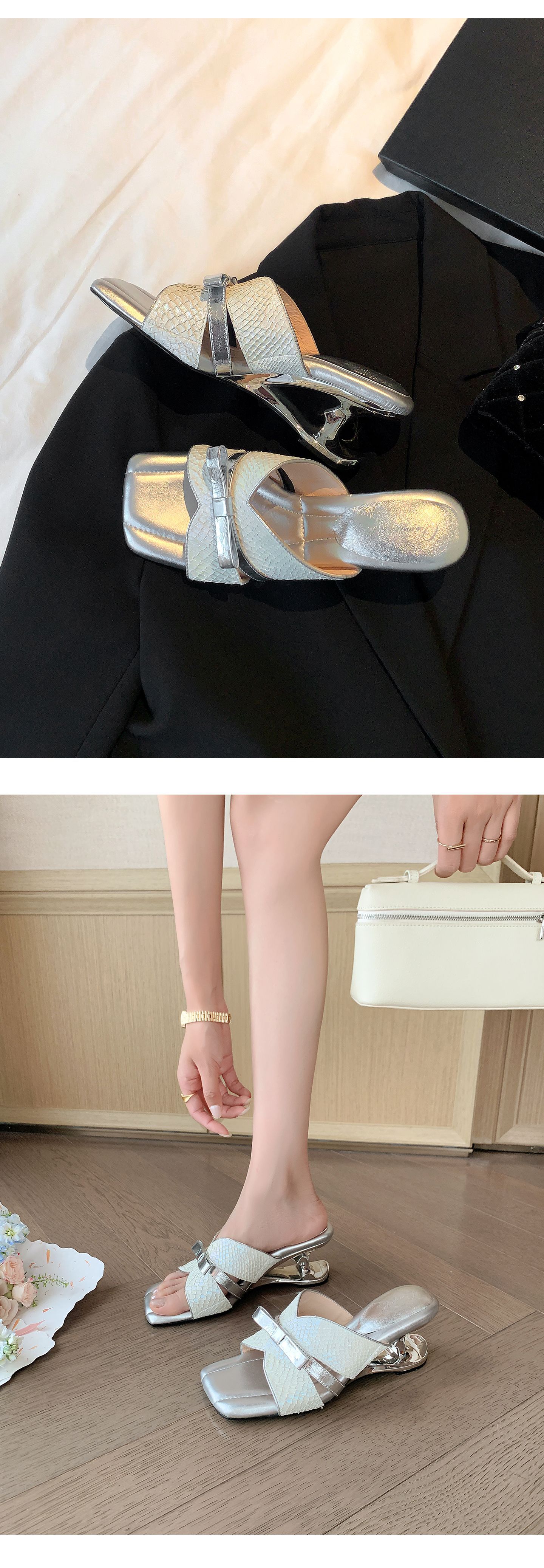Sandal cao gót nữ mũi vuông hở ngón, quai ngang nơ bướm, đế xuồng êm chân — màu vàng, bạc chi tiết 15