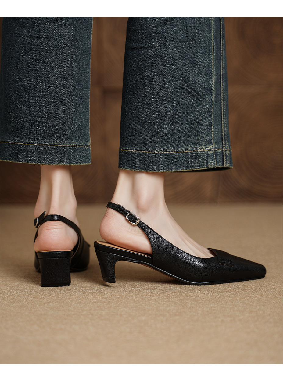 Sandal nữ da dê gót vuông 4.5 cm mũi kín hở gót phong cách Hàn Quốc — đen chi tiết 13