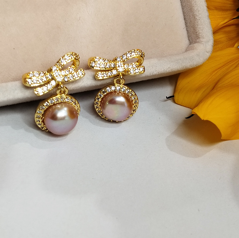 활 진주 귀걸이 (골드 + 퍼플 비즈)