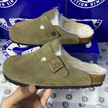 羊皮毛一体勃肯鞋全包头拖鞋女冬加绒牛皮软木厚底钓鱼半包拖博肯