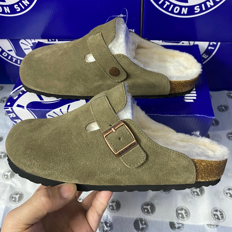羊皮毛一体勃肯鞋全包头拖鞋女冬加绒牛皮软木厚底钓鱼半包拖博肯