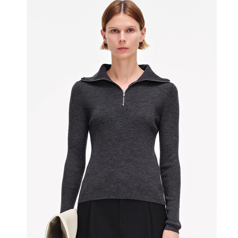 Yangtze Yarn Wool Sweater Half-Zip Lapel Knitwear Ribbed Navy Collar Sweater Polo Long-Sleeve Top Cardigan Autumn