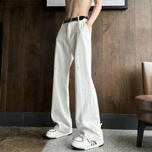 美式高街vibe裤子痞帅设计感白色微喇牛仔裤男款直筒阔腿拖地长裤