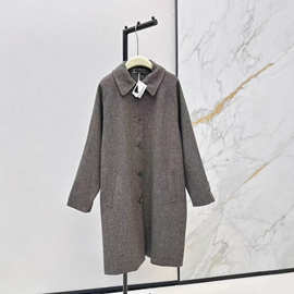 深圳南油25秋冬法式气质单排扣小翻领宽松长款人字纹毛呢大衣外套
