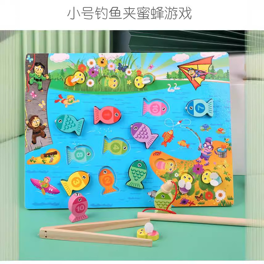 Forma geométrica cuatro juegos de caña de pescar 2 en 1 rompecabezas de madera juguetes para niños de 0-3 años de edad, regalo de jardín de infantes