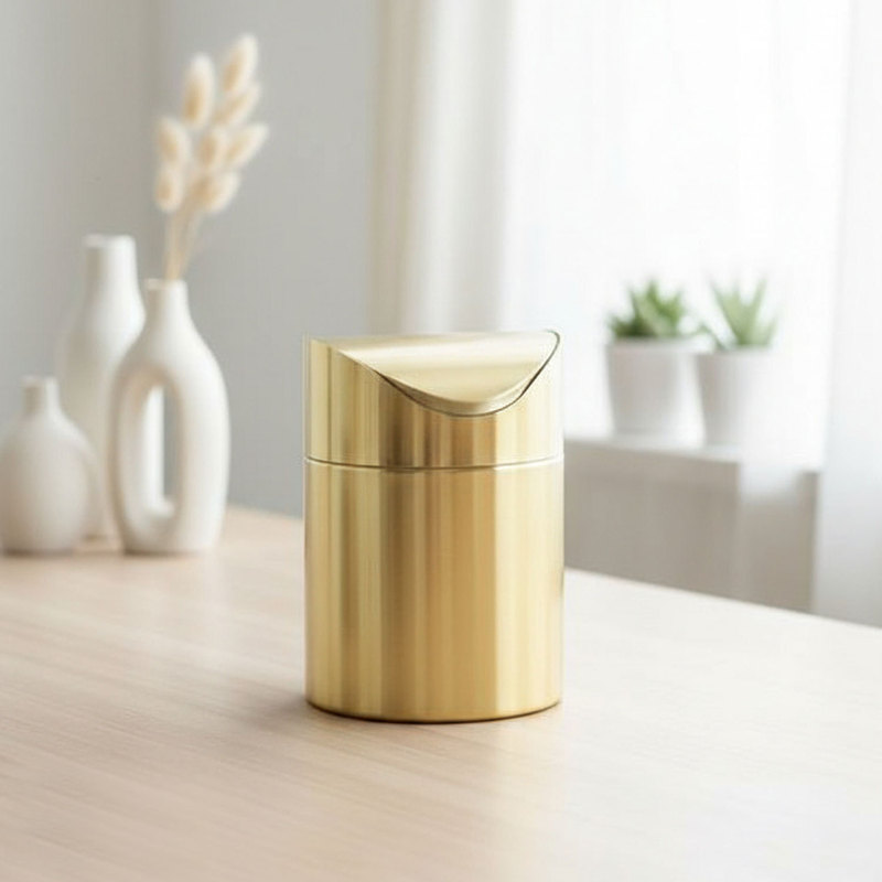 304 Stainless Steel Countertop Trash Bin Golden Light Luxury High-end Waste Paper Tube with Lid Mini Desktop Office Trash Bin