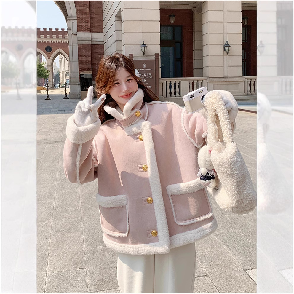샤오 샹펑 모피 원 스웨이드 재킷 여자 2024 년 겨울 새 폭발 한국 기모 두꺼운 베어러 세트
