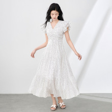 2506204-法式V领波点浪漫感复古长裙荷叶袖收腰女夏款南油连衣裙