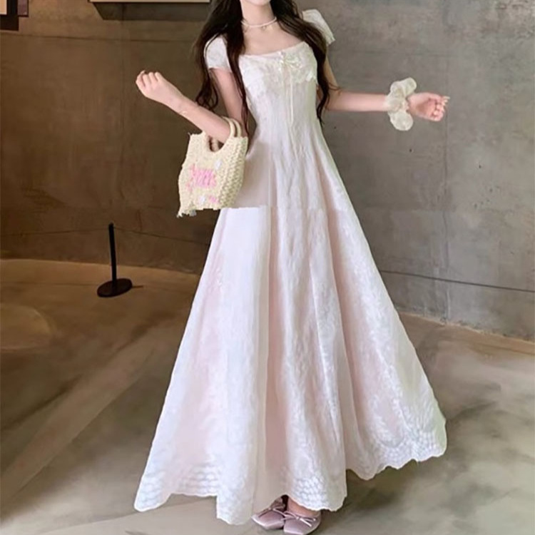 【Mist Pink Tea Party】Summer Girly Style Lace Patchwork Embroidered Long Dress A-Line Waist-Cinching Dress 【Mist Pink Tea Party】Summer Girly Style Lace Patchwork Embroidered Long Dress A-Line Waist-Cinching Dress