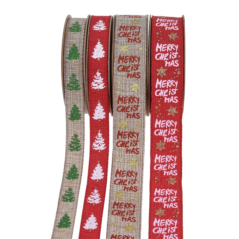 Comercio exterior Navidad imitación tela de lino polvo rociado oro fijación tela de lino rollo decoración de regalo de Navidad DIY mano impresión de cinta