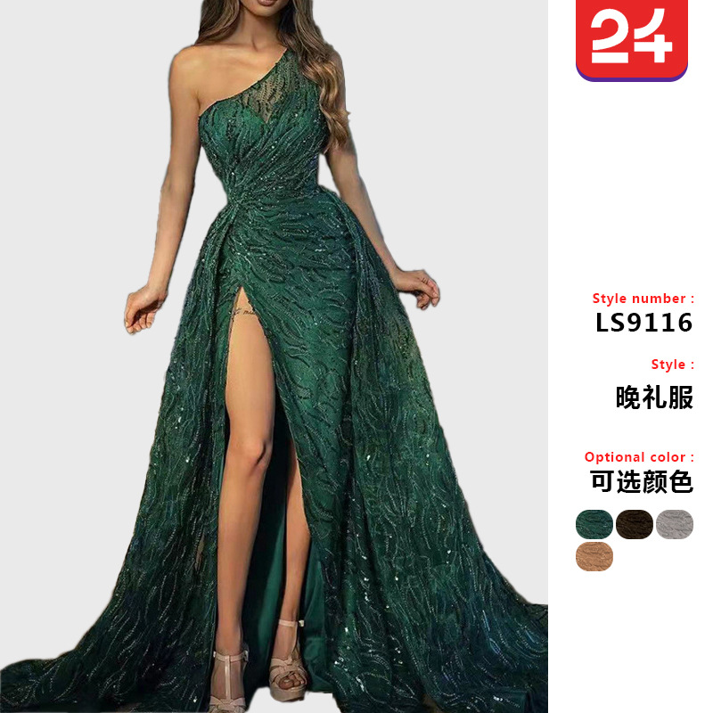 2025 Cross-Border Spring and Summer New European and American Clothing Slanted Shoulder Slit Long Skirt Toast Dress Sequined Suspender Evening Dress