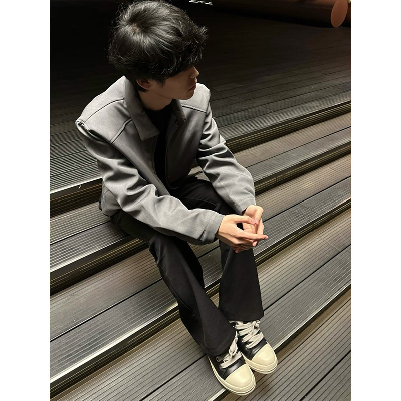 cleanfit灰色垫肩外套男春秋高级感痞帅短款美式复古翻领行政夹克|undefined
