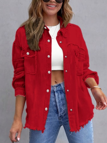 Women's Simple Daily Long Sleeved Fringed Denim Jacket Loose