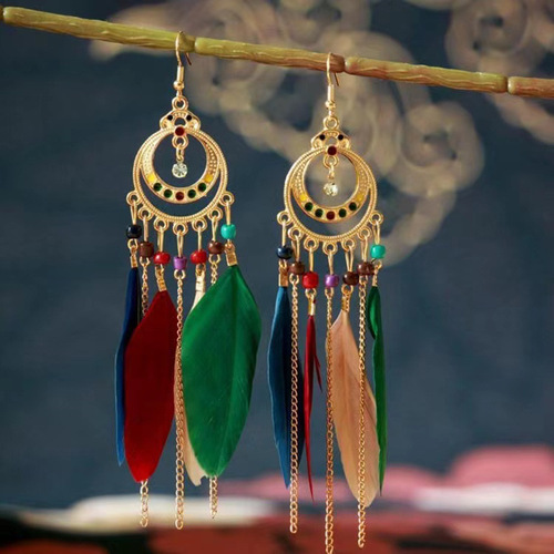 Cross-border Bohemian red earring vintage-style Yunnan travel long vacation earring temperament feather ornament for women