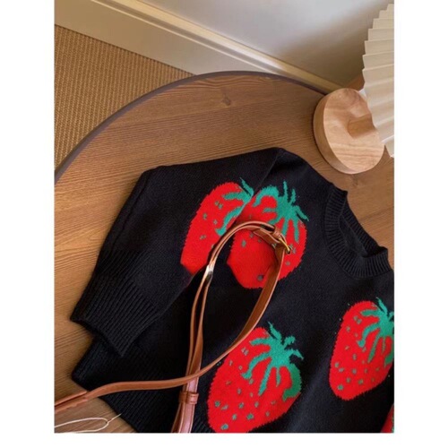 ~Women's Children's Set of Two for Autumn and Winter Wear~ Knit Top and Jacket with Floral Strawberries, Cute Ribbed Long Pants