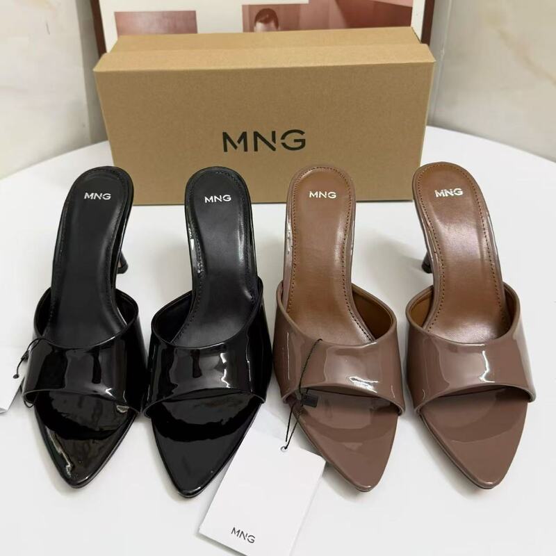 Mg Foreign Trade Sexy and Elegant Patent Leather Stiletto Heel Height-Increasing Slip-On Sandals for Women, Summer Outdoor Wear, Pointed Open-Toe High Heels, Simple and Cool