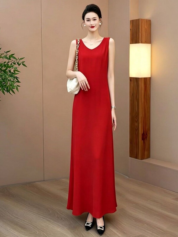 Red Chiffon Dress, Summer Plus-Size Maxi Dress for Tall Individuals, Ultra-Long Loose-Fitting Floor-Length Slip Dress Red Chiffon Dress, Summer Plus-Size Maxi Dress for Tall Individuals, Ultra-Long Loose-Fitting Floor-Length Slip Dress