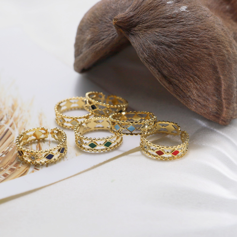 6g Weight Vacuum Plating Gold Plating Process 18K Gold Plated Plating Material Zircon Inlay Material Wholesale Jewelry IG Style Devil'S Eye Rhombus 304 Stainless Steel Zircon 18K Gold Plated Enamel Inlay Open Ring