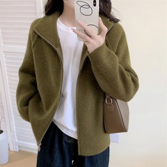 跨境慵懒风毛衣外套女2025秋冬新款韩系纯色立领拉链针织开衫上衣