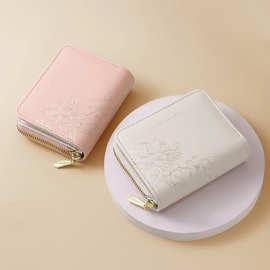 2024跨境烫金花女士钱包大容量多卡位卡包拉链零钱包purse双拉链