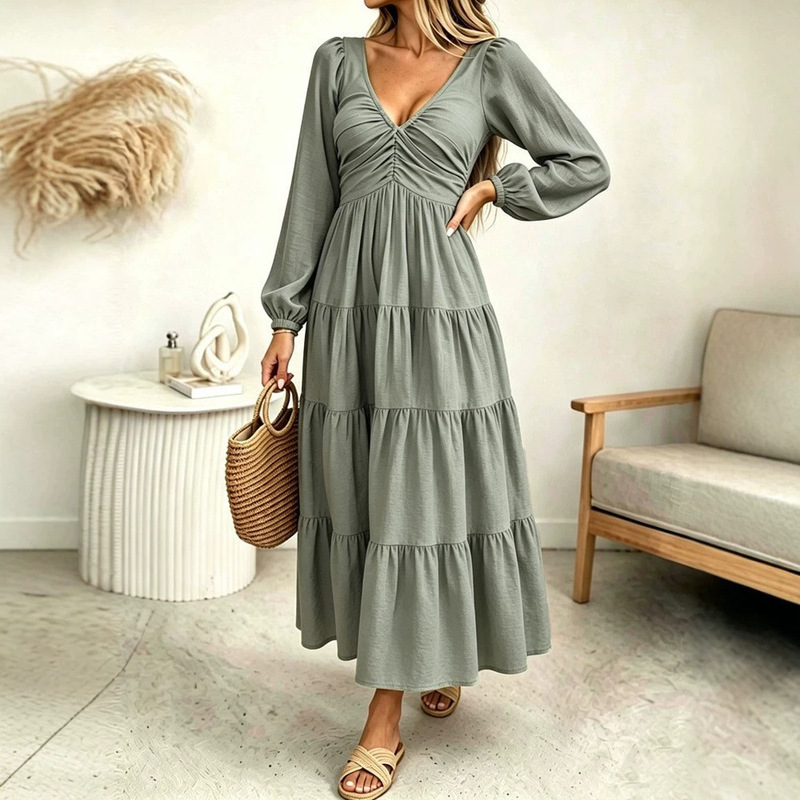 26 European and American cross-border autumn new women's clothing French V-neck ruffle splicing elegant waist-cinching long-sleeve dress for women