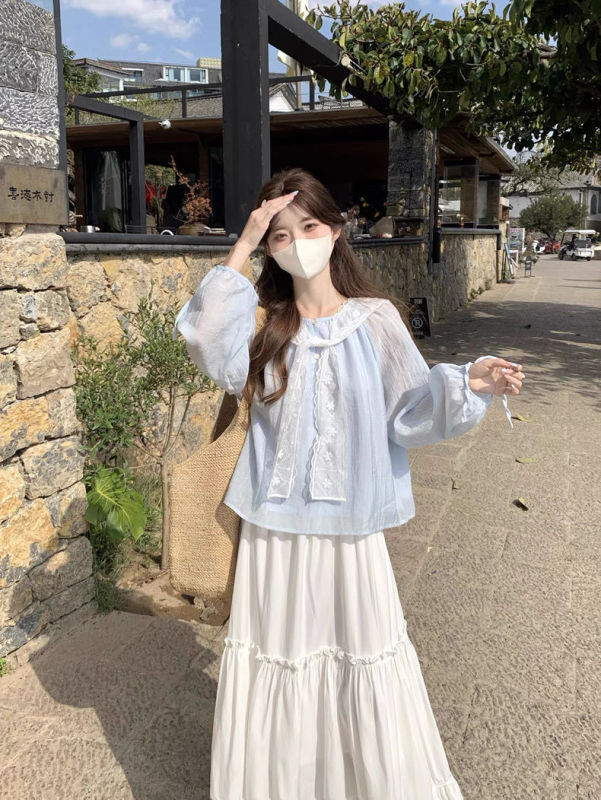 Gauze Chiffon Shirt Women's Top Lace Summer Thin Navy Collar Lace-Up Shirt Long-Sleeved Lantern Sleeve Blouse Gauze Chiffon Shirt Women's Top Lace Summer Thin Navy Collar Lace-Up Shirt Long-Sleeved Lantern Sleeve Blouse