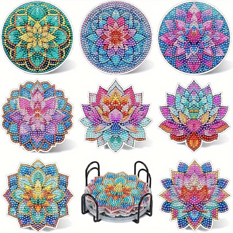Ventas transfronterizas calientes de 8 piezas de conjunto de cojín de taza de arte de diamante, con soporte, pequeño conjunto de pintura de diamante, adecuado para adultos