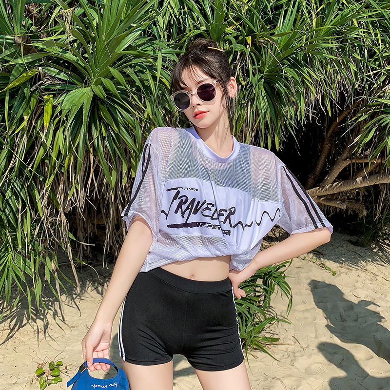 Dividir traje de baño de tres piezas de las mujeres en stock pelo recto deportes suelta carne cubierta traje de baño pequeño pecho push up traje de baño de aguas termales