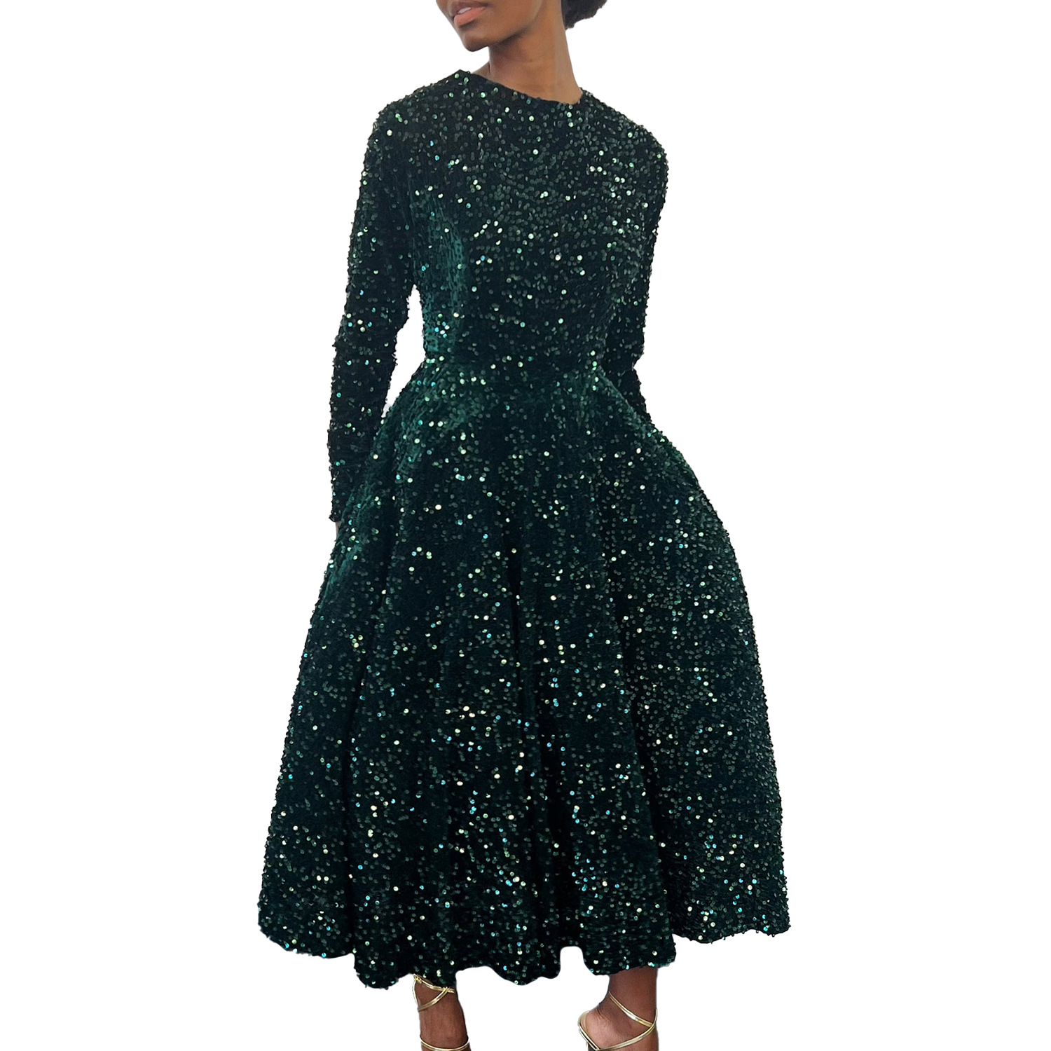 Women's Swing Dress Party Dress Elegant Classic Style Round Neck Sequins Long Sleeve Solid Color Midi Dress Banquet Evening Party display picture 23