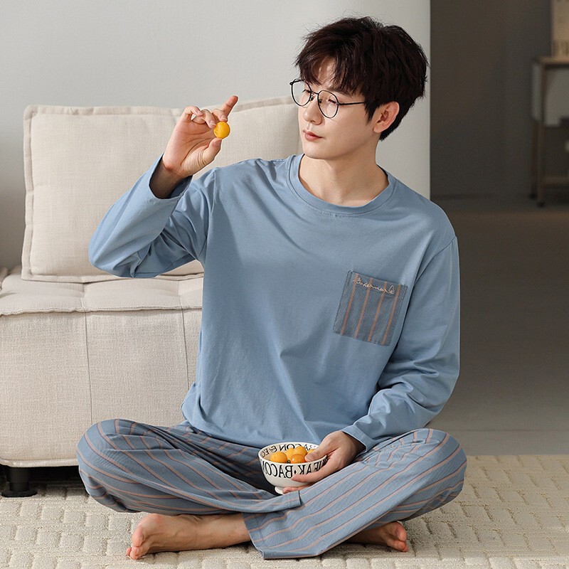 2025 Spring and Autumn New Men's Modal Long-Sleeve Pajamas with Long Pants, Boys' Simple Casual Homewear Set