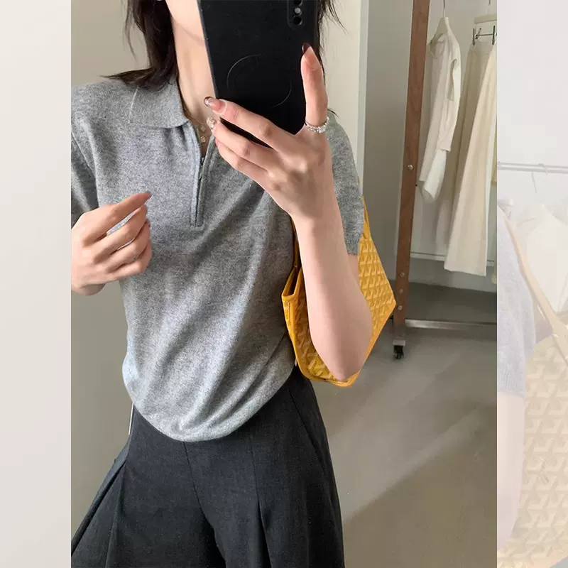 韩系复古正肩灰色polo领针织衫短袖女夏季小个子冰丝设计感上衣女