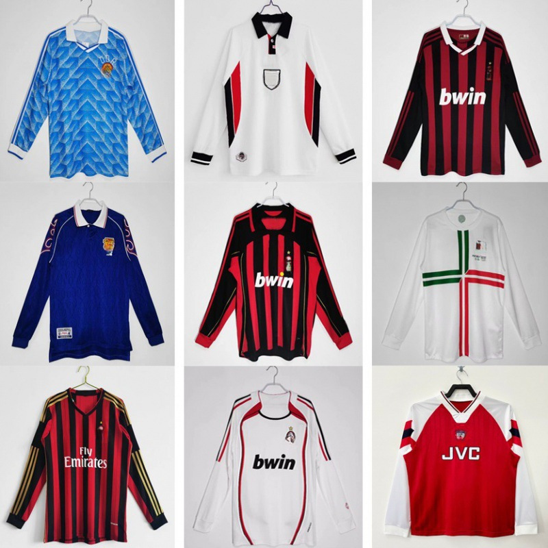 Classic retro long-sleeved football jerseys for AC Milan, Arsenal, Liverpool, and Newcastle. Wholesale available, dropshipping supported.