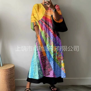 2025新款欧美女装新款独立站休闲女式时尚扎染印花V领中长款连衣