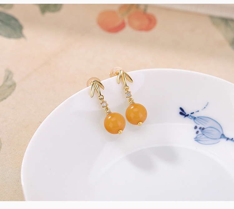 Bông tai nữ bạc S925 mạ vàng đính đá sodalite hình lá tre tròn — Mẫu sapphire chi tiết 4