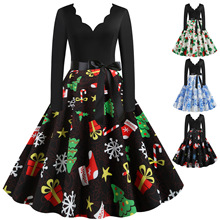 W圣诞节赫本复古女装冬季烧花V领长袖印花大摆连衣裙外贸工厂直发